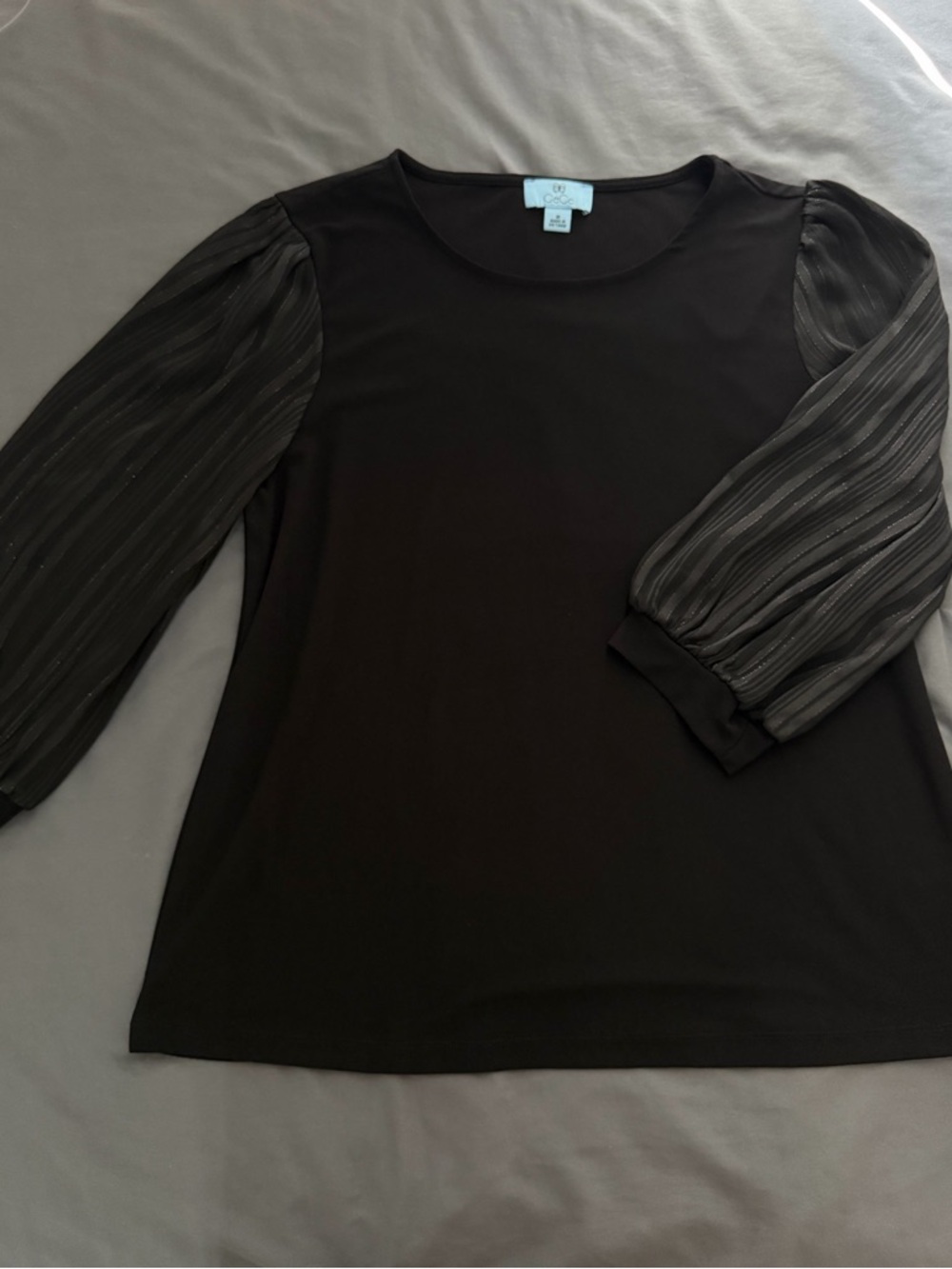 CeCe Black Top with Sheer Striped Puff Sleeves